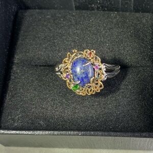 Blue Lapis Floral Halo Ring with Multicolor Accentssize 10